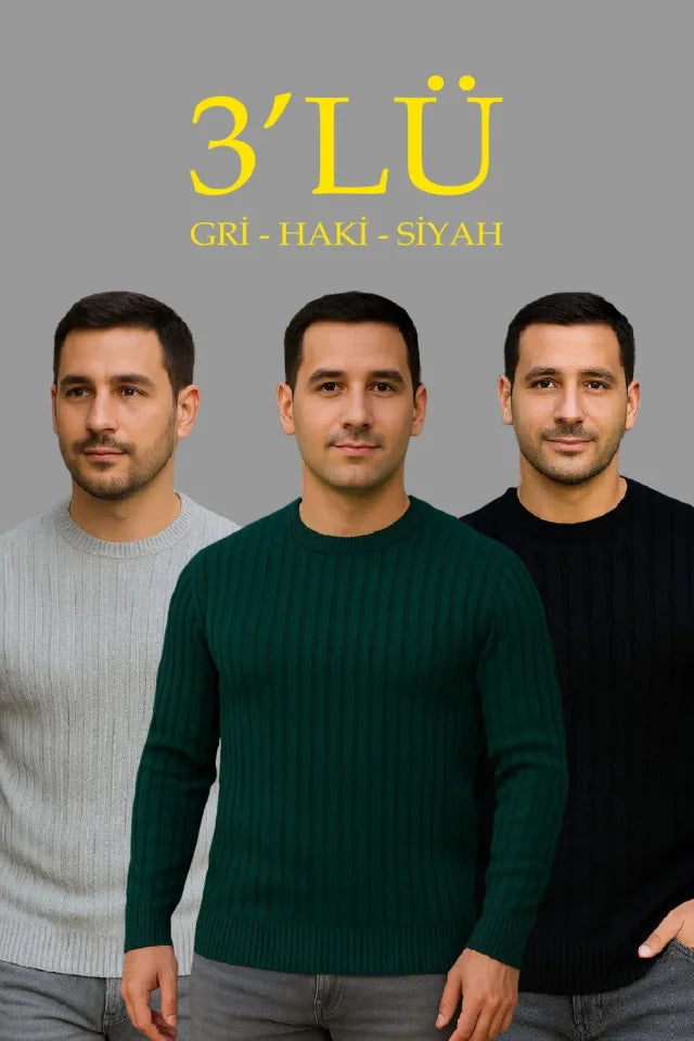 Men's Ribbed Knit Sweater 3-Piece Set Gray Khaki Black Regular Fit Crew Neck Knit Set Sweater Model