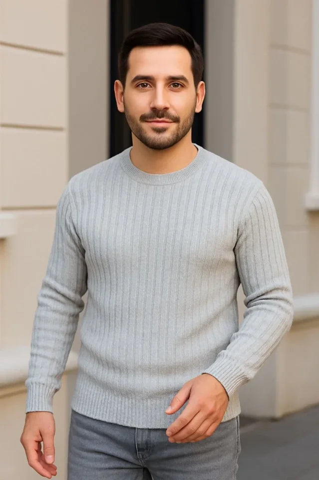 Men's Ribbed Knit Sweater 3-Piece Set Gray Khaki Black Regular Fit Crew Neck Knit Set Sweater Model