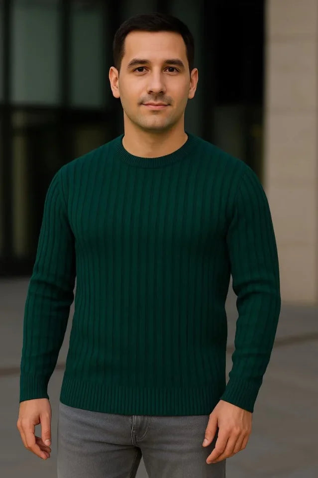 Erkek Fitilli Triko Kazak 3lü Set Gri Haki Siyah Regular Fit Bisiklet Yaka Triko Seti Modeli Kazak
