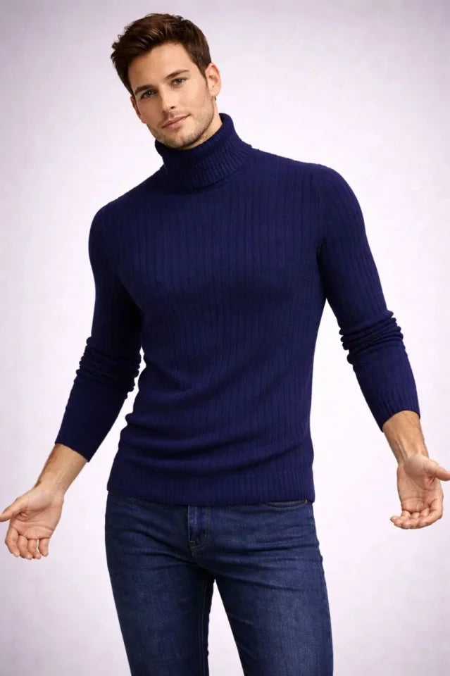 Men's Turtleneck Ribbed Knit Sweater Cotton Thick Ribbed Weave, Regular Fit Long Sleeve Winter Model - Navy Blue
