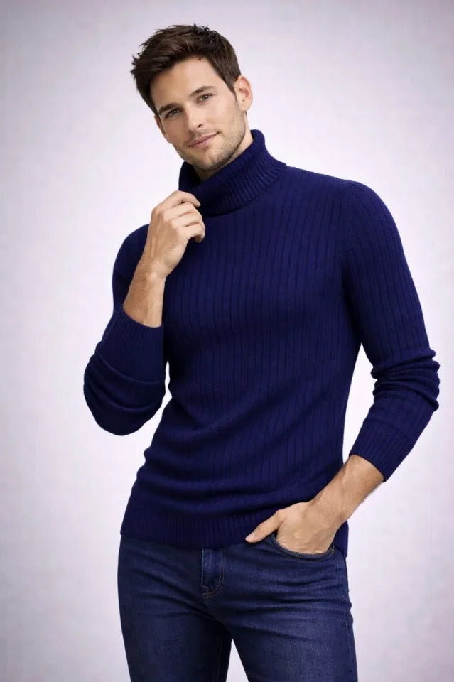 Men's Turtleneck Ribbed Knit Sweater Cotton Thick Ribbed Weave, Regular Fit Long Sleeve Winter Model - Navy Blue