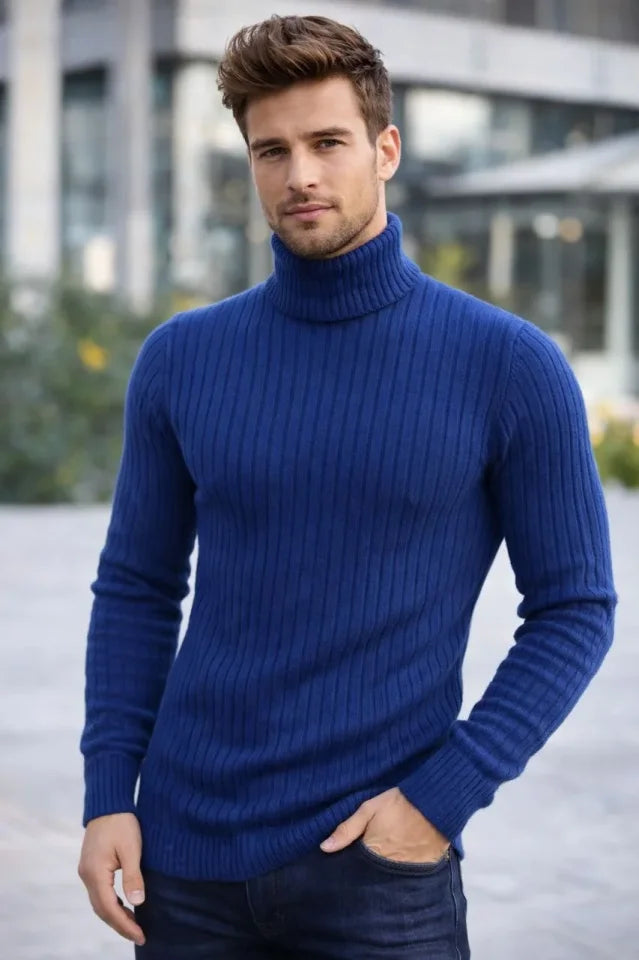 Men's Turtleneck Ribbed Knit Sweater Cotton Thick Ribbed Weave, Regular Fit Long Sleeve Winter Model - Indigo