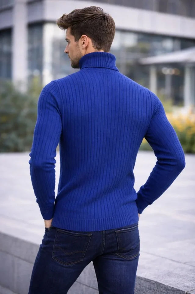 Men's Turtleneck Ribbed Knit Sweater Cotton Thick Ribbed Weave, Regular Fit Long Sleeve Winter Model - Indigo