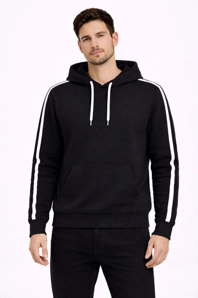 Erkek Şeritli Kapüşonlu Sweatshirt Oversize 3 Iplik Pamuklu - Siyah