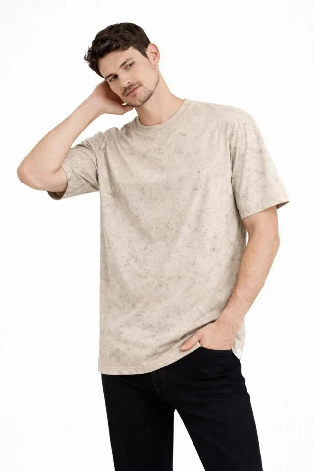 Men's Acid Wash Crew Neck Short Sleeve Oversize T-Shirt - Beige