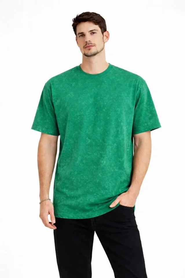 Men's Acid Wash Crew Neck Short Sleeve Oversize T-Shirt - Green