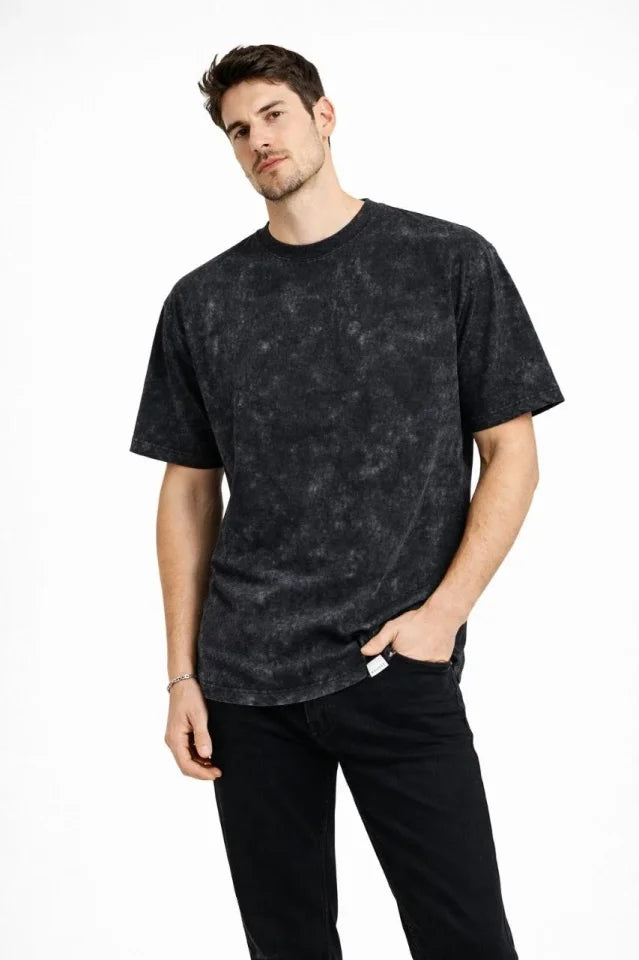 Men's Acid Wash Crew Neck Short Sleeve Oversize T-Shirt - Black