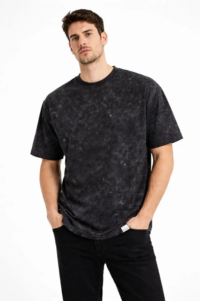 Men's Acid Wash Crew Neck Short Sleeve Oversize T-Shirt - Black