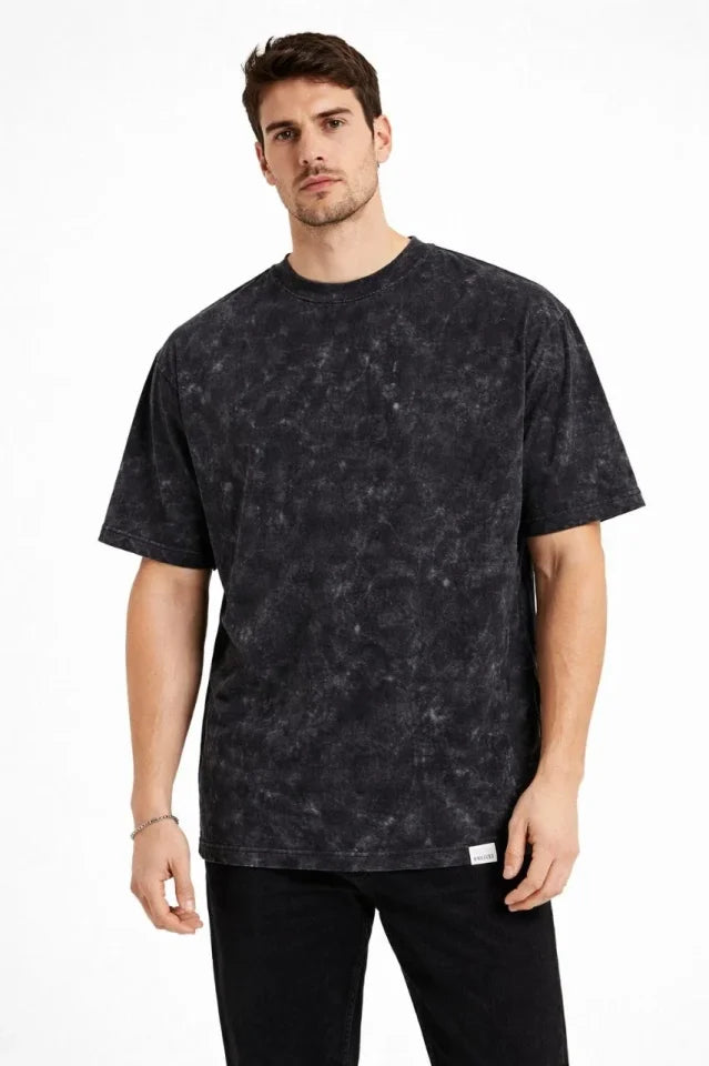 Erkek Asit Yıkama Bisiklet Yaka Kısa Kollu Oversize T-Shirt Tişört - Siyah