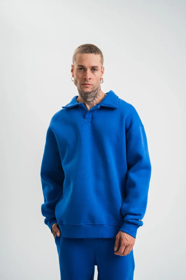 Men's Notched Collar Triple Thread Cotton Sweatshirt Double Oversize Relaxed Fit Daily Use - Blue