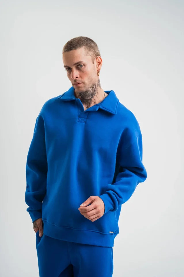 Men's Notched Collar Triple Thread Cotton Sweatshirt Double Oversize Relaxed Fit Daily Use - Blue