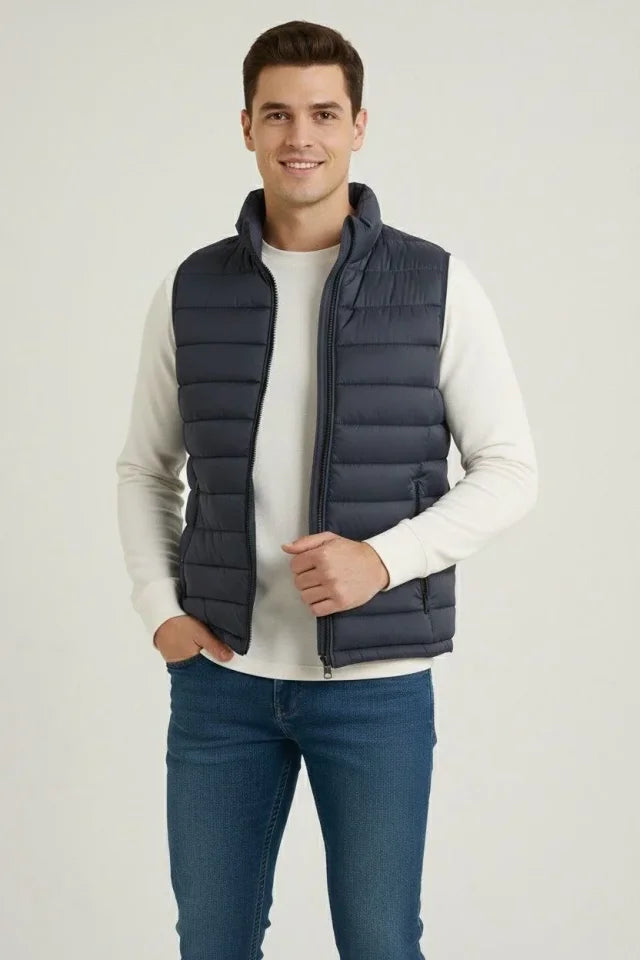 Men's Puffer Zip-Up Vest Water-Repellent Quilted Lined Fabric Pocketed Lightweight Winter Sports Comfortable Fit - Navy Blue