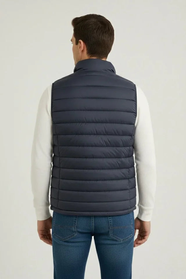 Men's Puffer Zip-Up Vest Water-Repellent Quilted Lined Fabric Pocketed Lightweight Winter Sports Comfortable Fit - Navy Blue