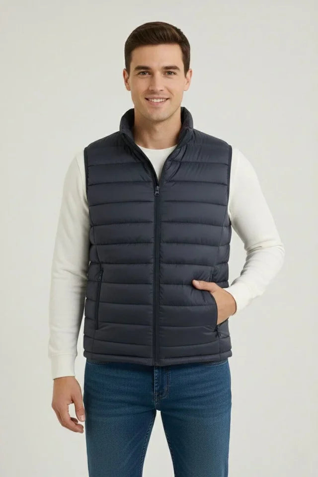 Men's Puffer Zip-Up Vest Water-Repellent Quilted Lined Fabric Pocketed Lightweight Winter Sports Comfortable Fit - Navy Blue