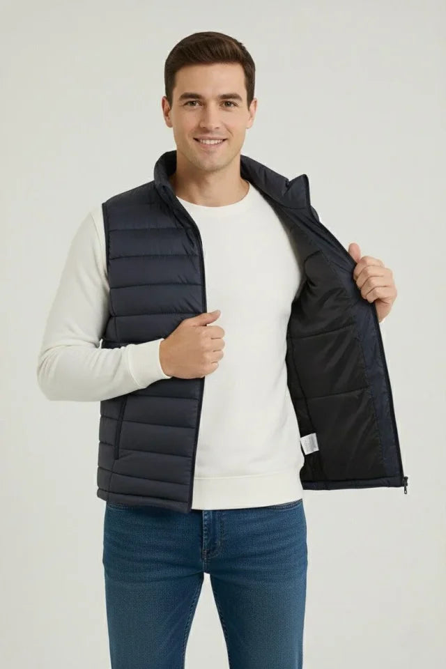 Men's Puffer Zip-Up Vest Water-Repellent Quilted Lined Fabric Pocketed Lightweight Winter Sports Comfortable Fit - Navy Blue