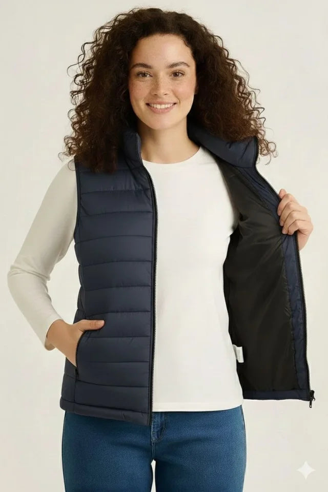 Quilted Puffer Zippered Vest Water-Repellent Quilted Lined Fabric with Pockets Lightweight Winter Sport Casual Fit - Navy Blue