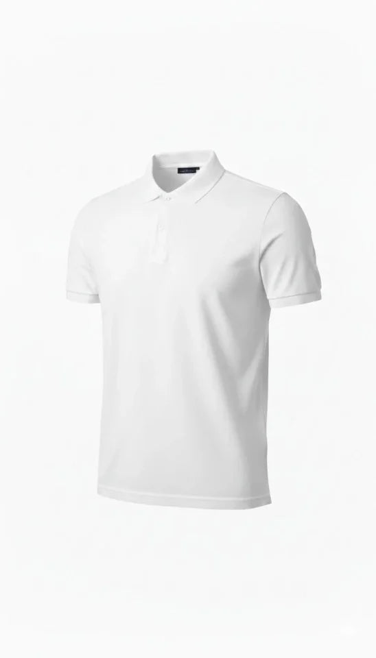 Men's Pique Fabric Buttoned Collar Regular Fit Casual Short Sleeve T-shirt - White