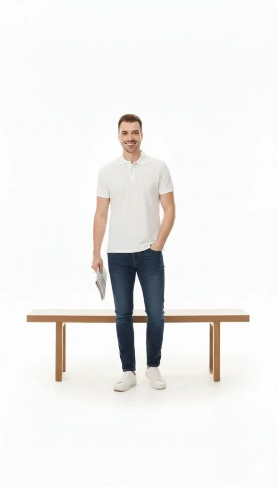 Men's Pique Fabric Buttoned Collar Regular Fit Casual Short Sleeve T-shirt - White
