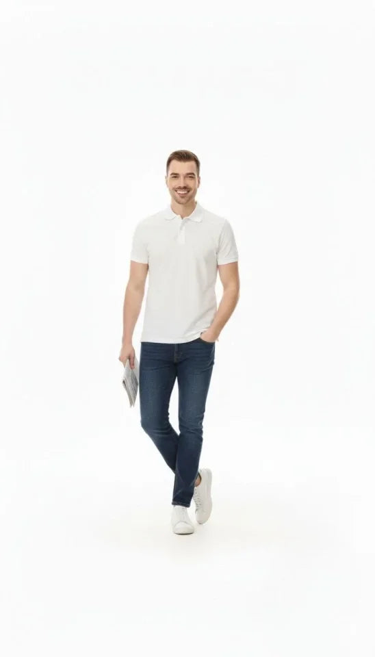 Erkek Pike Kumaş Düğmeli Yaka Regular Fit Günlük Kısa Kol Tişört T-shirt - Beyaz