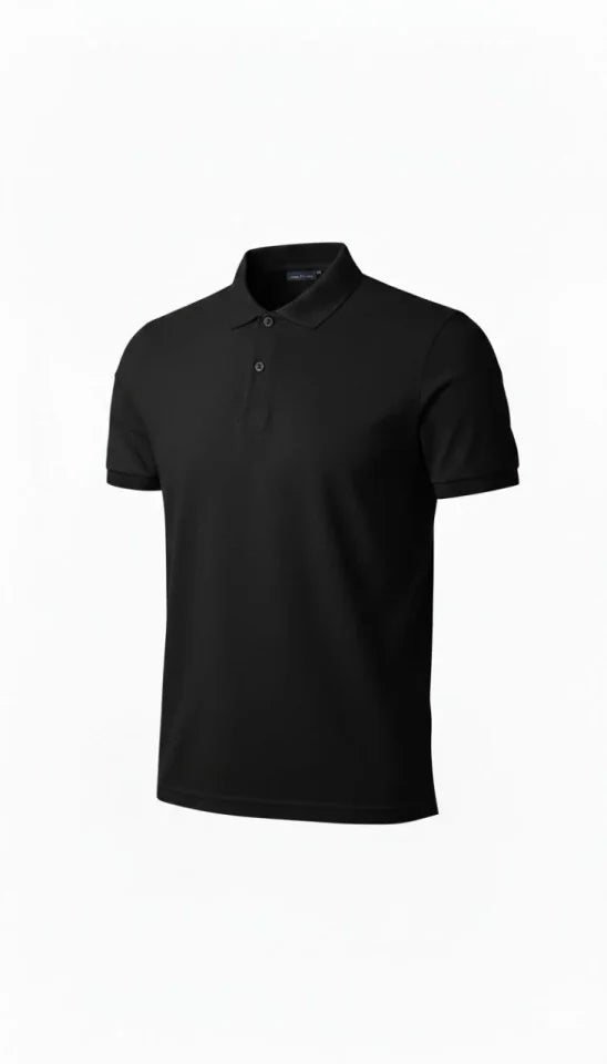 Men's Pique Fabric Buttoned Collar Regular Fit Casual Short Sleeve T-shirt - Black