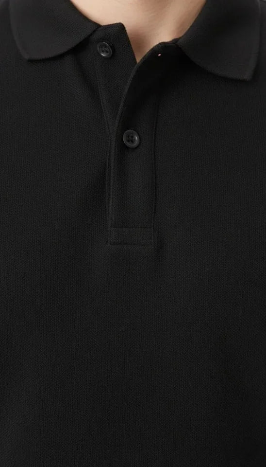 Men's Pique Fabric Buttoned Collar Regular Fit Casual Short Sleeve T-shirt - Black