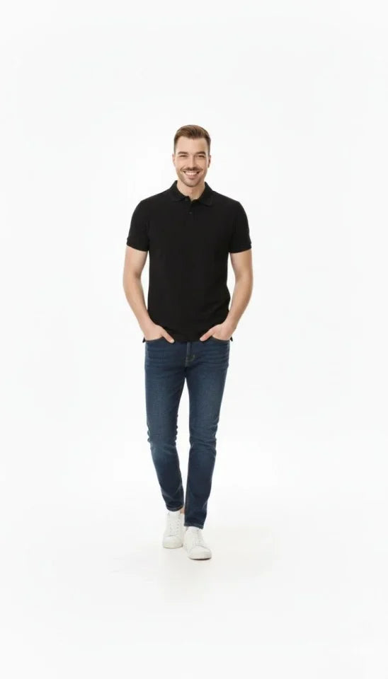 Men's Pique Fabric Buttoned Collar Regular Fit Casual Short Sleeve T-shirt - Black