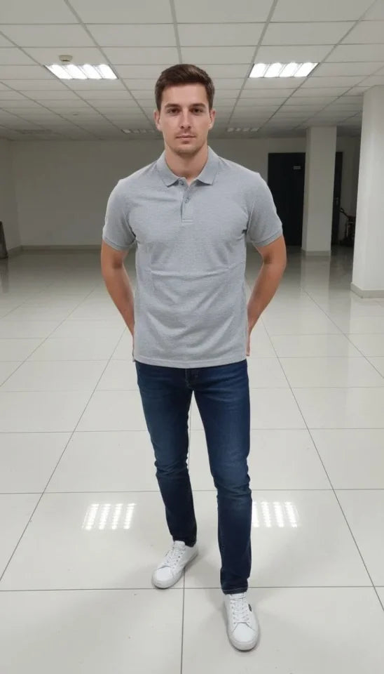 Men's Pique Fabric Buttoned Collar Regular Fit Casual Short Sleeve T-shirt - Gray