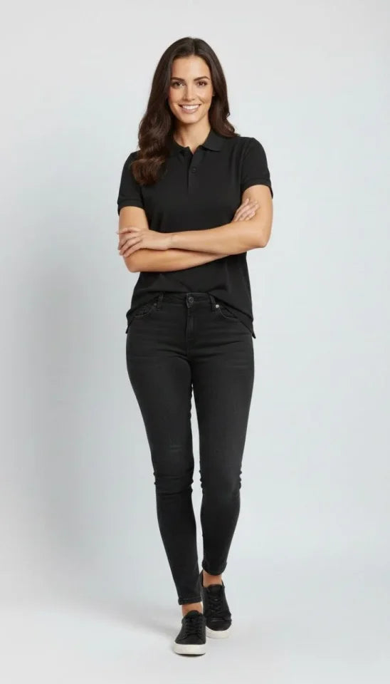 Pique Fabric Buttoned Collar Regular Comfortable Casual Short Sleeve T-shirt - Black