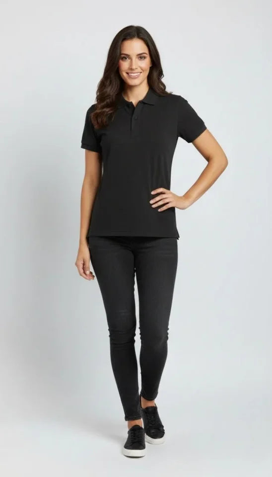 Pique Fabric Buttoned Collar Regular Comfortable Casual Short Sleeve T-shirt - Black