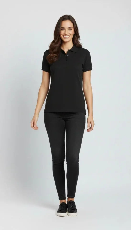 Pique Fabric Buttoned Collar Regular Comfortable Casual Short Sleeve T-shirt - Black