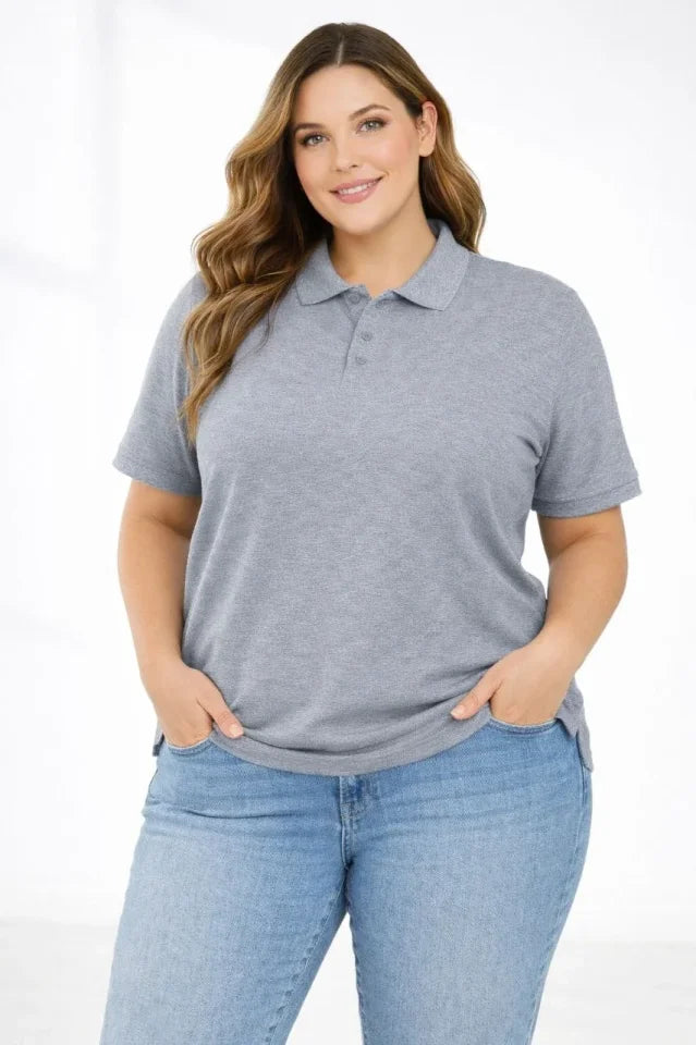 Pique Fabric Buttoned Collar Loose Large Size Casual Short Sleeve T-shirt - Gray