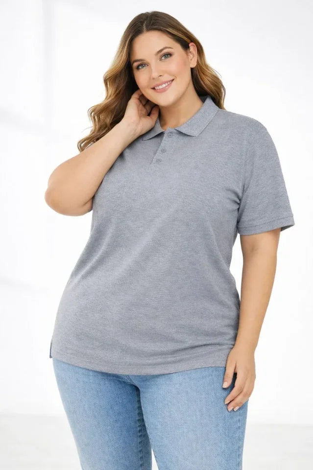 Pique Fabric Buttoned Collar Loose Large Size Casual Short Sleeve T-shirt - Gray