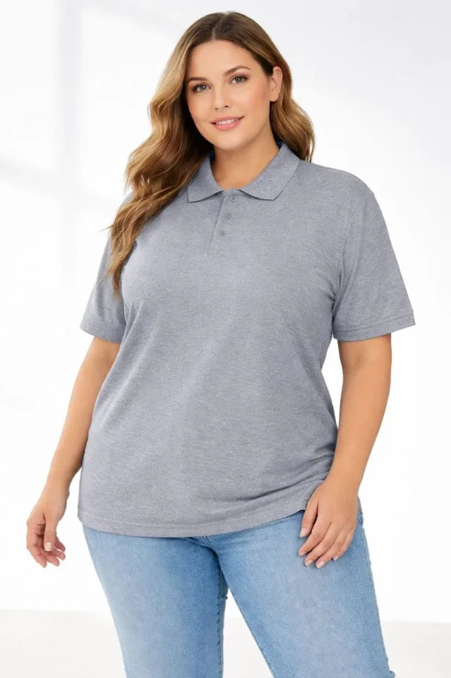 Pike Kumaş Düğmeli Yaka Battal Büyük Beden Günlük Kısa Kol Tişört T-shirt - Gri