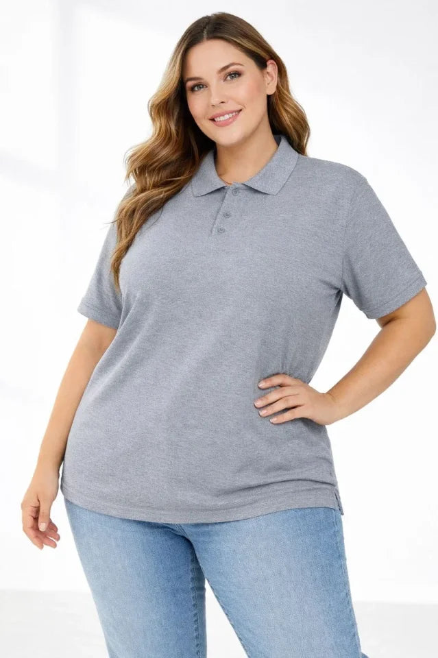 Pike Kumaş Düğmeli Yaka Battal Büyük Beden Günlük Kısa Kol Tişört T-shirt - Gri