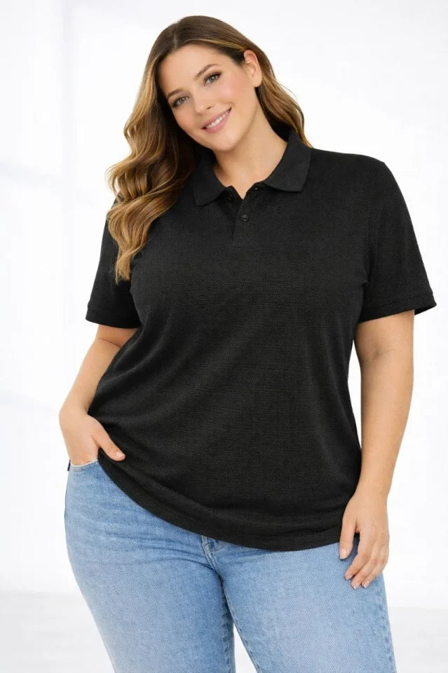 Pique Fabric Buttoned Collar Loose Large Size Casual Short Sleeve T-shirt - Black
