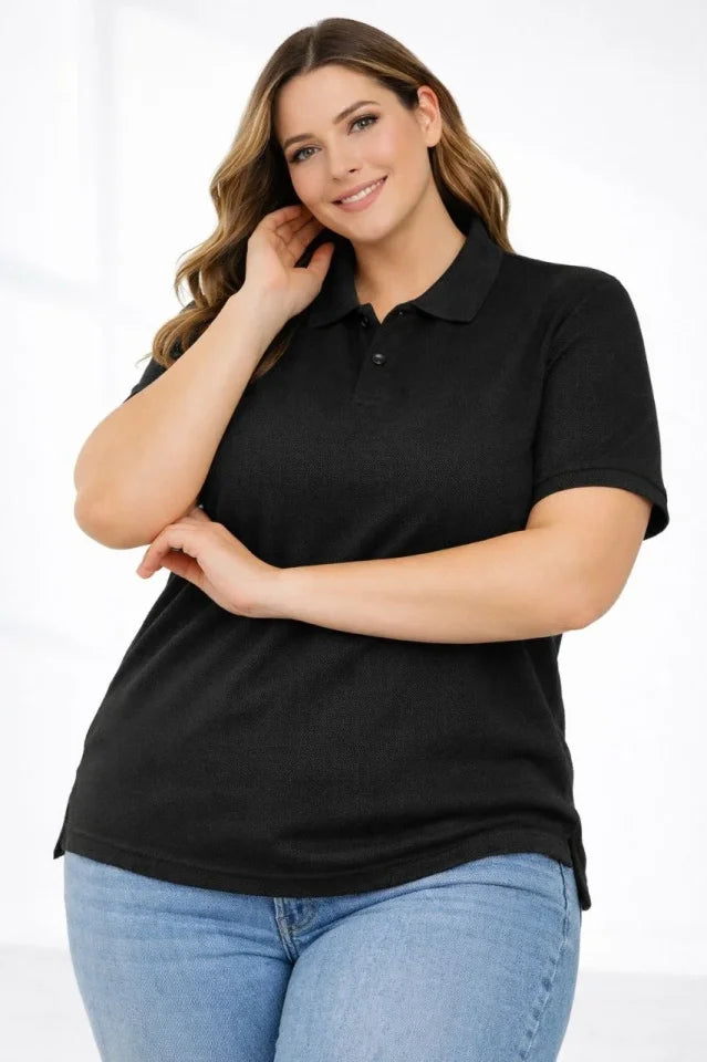 Pique Fabric Buttoned Collar Loose Large Size Casual Short Sleeve T-shirt - Black