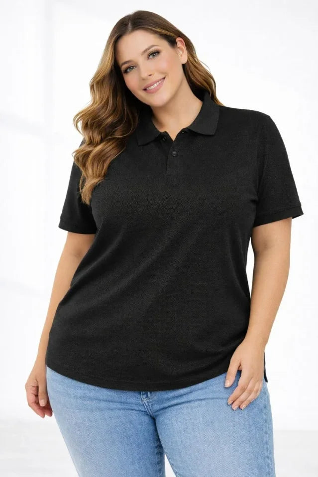 Pique Fabric Buttoned Collar Loose Large Size Casual Short Sleeve T-shirt - Black