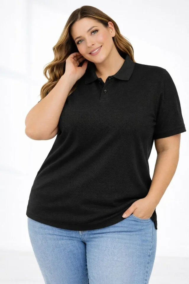 Pique Fabric Buttoned Collar Loose Large Size Casual Short Sleeve T-shirt - Black
