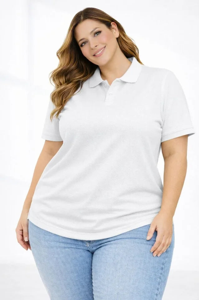 Pique Fabric Buttoned Collar Loose Large Size Casual Short Sleeve T-shirt - White