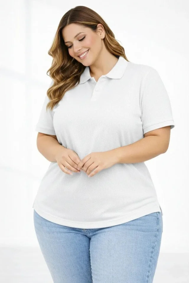 Pike Kumaş Düğmeli Yaka Battal Büyük Beden Günlük Kısa Kol Tişört T-shirt - Beyaz