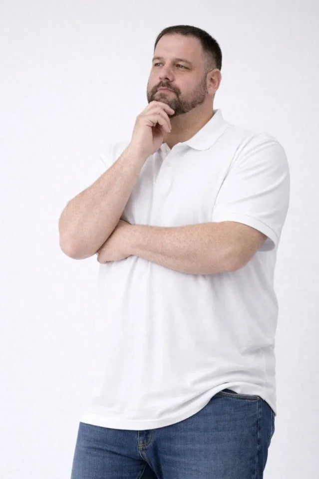 Men's Pique Fabric Buttoned Collar Loose Large Size Casual Short Sleeve T-shirt - White