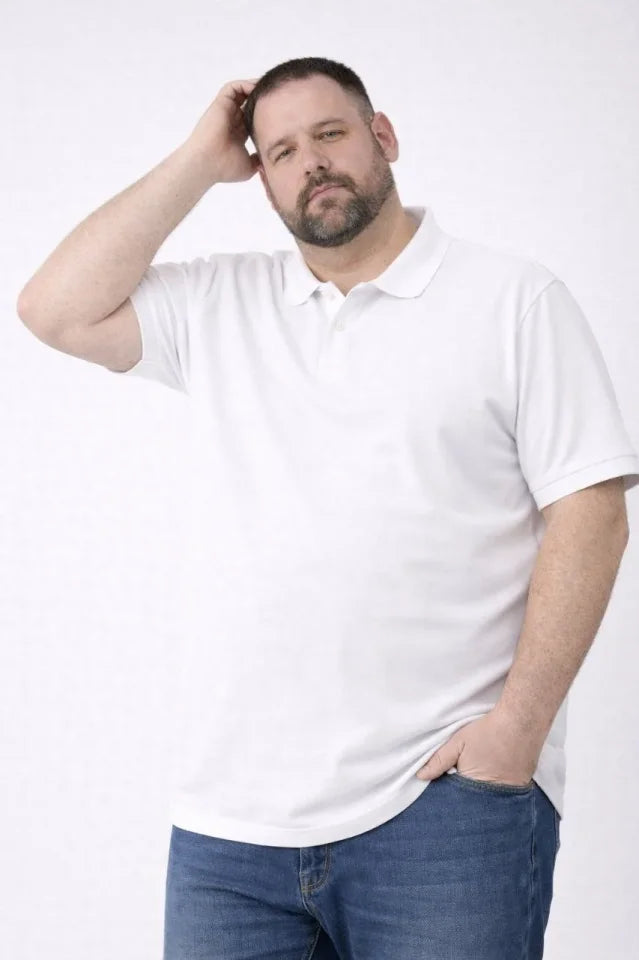 Men's Pique Fabric Buttoned Collar Loose Large Size Casual Short Sleeve T-shirt - White
