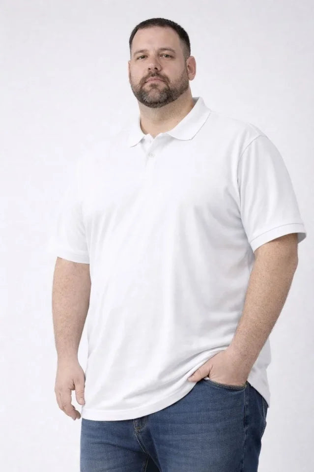 Erkek Pike Kumaş Düğmeli Yaka Battal Büyük Beden Günlük Kısa Kol Tişört T-shirt - Beyaz