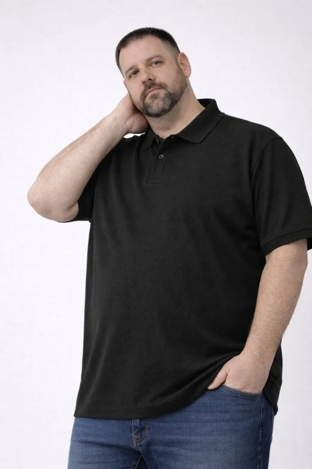 Men's Pique Fabric Buttoned Collar Loose Large Size Casual Short Sleeve T-shirt - Black