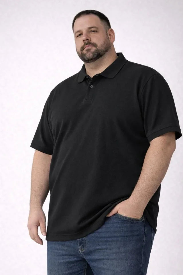 Men's Pique Fabric Buttoned Collar Loose Large Size Casual Short Sleeve T-shirt - Black