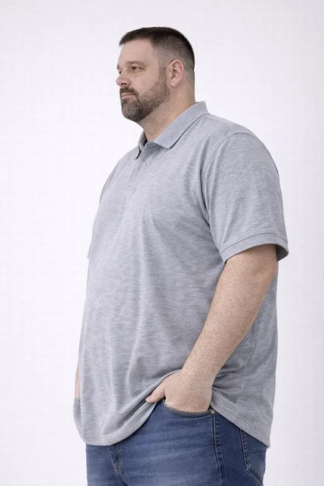 Men's Pique Fabric Buttoned Collar Loose Large Size Casual Short Sleeve T-shirt - Gray