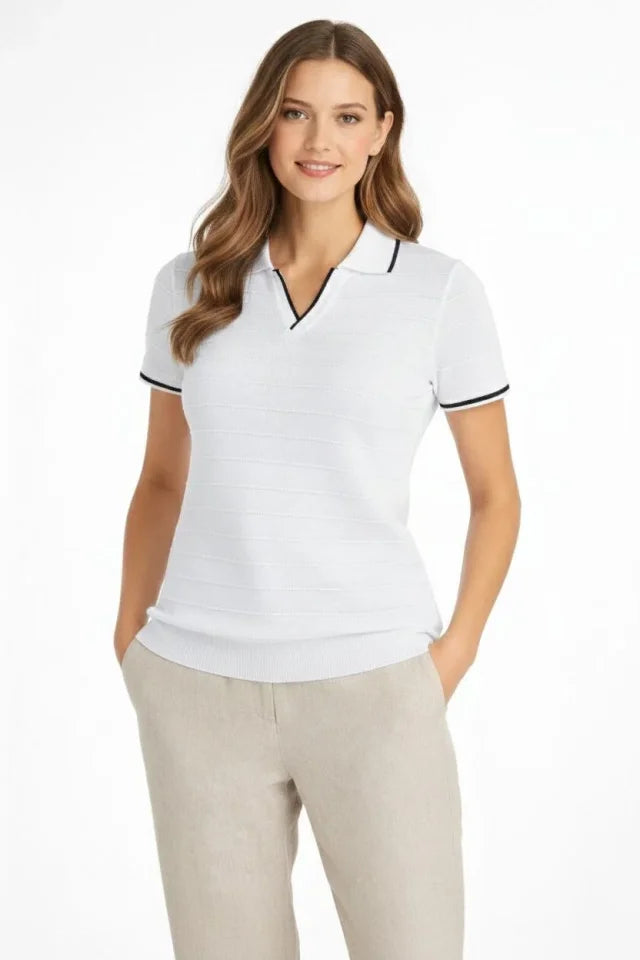 Triko Kumaş Yakalı Düğmesiz Açık Yaka Fitilli Kısa Kollu Regular Fit Tişört T-shirt - Beyaz