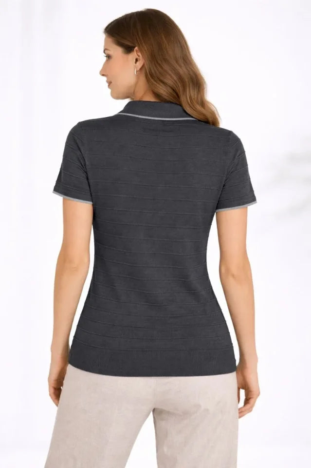 Knit Fabric Collared Buttonless Open Collar Ribbed Short Sleeve Regular Fit T-shirt - Black