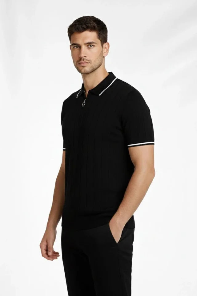 Men's Zip-Up Collar Ribbed Knit Short Sleeve Regular Fit T-Shirt - Black