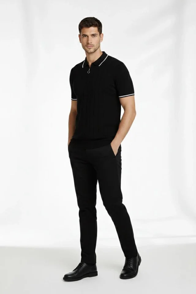 Men's Zip-Up Collar Ribbed Knit Short Sleeve Regular Fit T-Shirt - Black